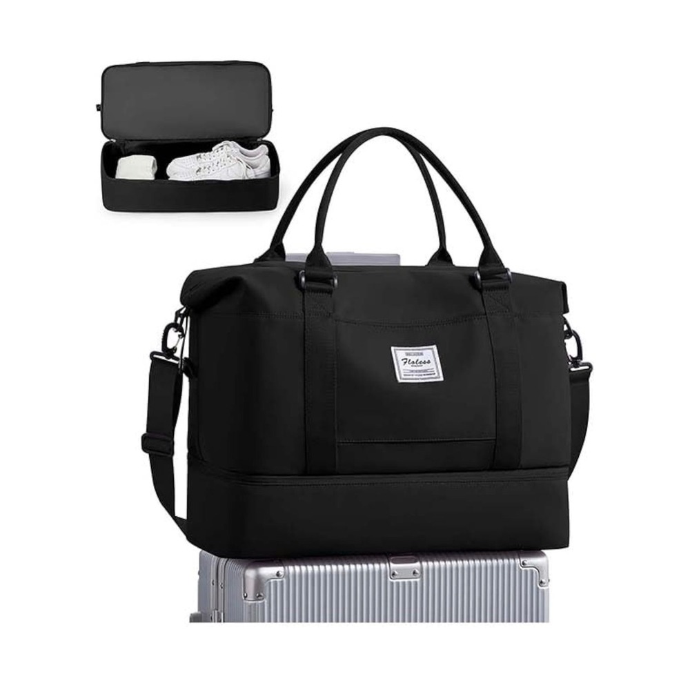 Floless Workshop Black Nylon Travel Duffel Bag Shoe Compartment Weekend Tote NWT